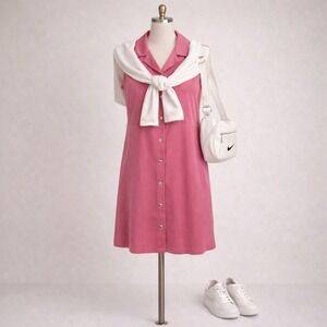 Pink Mini Polo Dress Sz S Sleeveless Pink Chambray Tencel Girly Easy Fit Collar